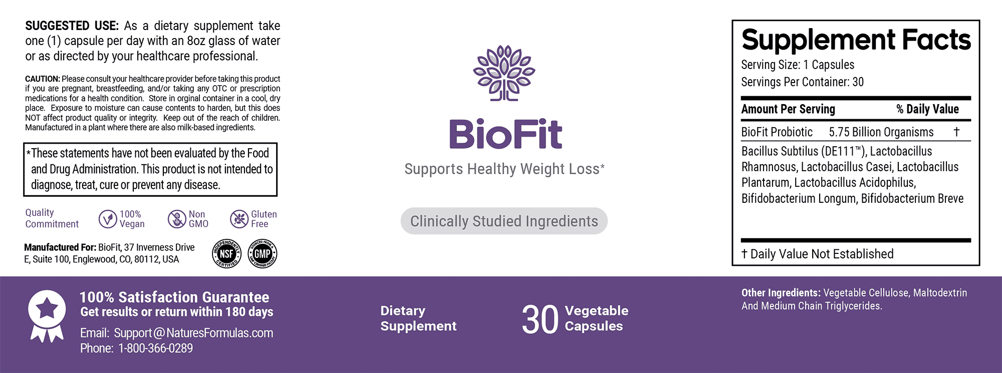 Biofit ingredients label