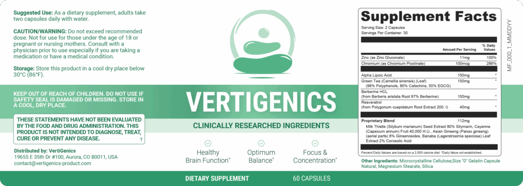 Ingredients Vertigenics label